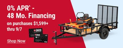 0% APR for 48-month financing on purchases of $1,599 or more through September 7 with a Tractor Supply credit card, featuring a zero-turn mower and utility trailer.