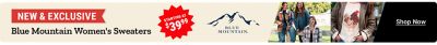Tractor Supply Company promotion. New and exclusive Blue Mountain women's sweaters starting at 39.99. Image shows women wearing Blue Mountain sweaters and fall apparel. Shop Now.
