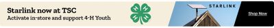 Tractor Supply Company promotion. Starlink now available at TSC. Activate in store and support 4-H youth. Image shows the 4-H logo and Starlink satellite equipment mounted on a building. Shop Now.