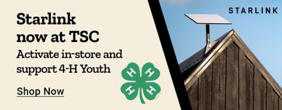 Tractor Supply Company promotion. Starlink now available at TSC. Activate in store and support 4-H youth. Image shows the 4-H logo and Starlink satellite equipment mounted on a building. Shop Now.