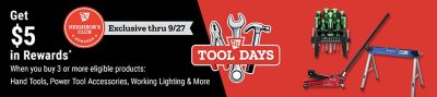 Tractor Supply Company Neighbor's Club exclusive Tool Days promotion through September 27. Get 5 dollars in rewards when you buy 3 or more eligible products including hand tools, power tool accessories, working lighting, and more. Image shows hand tools, screwdriver set, floor jack, and work stand.
