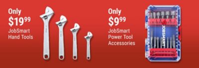 Tractor Supply Company promotion. JobSmart hand tools only 19.99 and JobSmart power tool accessories only 9.99. Image shows a set of adjustable wrenches and a JobSmart power tool accessory set.