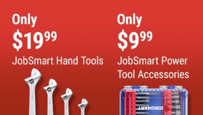 Tractor Supply Company promotion. JobSmart hand tools only 19.99 and JobSmart power tool accessories only 9.99. Image shows a set of adjustable wrenches and a JobSmart power tool accessory set.