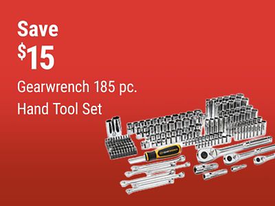 Tractor Supply Company promotion. Save 15 dollars on the Gearwrench 185 piece hand tool set. Image shows an assortment of sockets, ratchets, wrenches, and hand tools.