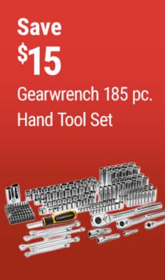 Tractor Supply Company promotion. Save 15 dollars on the Gearwrench 185 piece hand tool set. Image shows an assortment of sockets, ratchets, wrenches, and hand tools.
