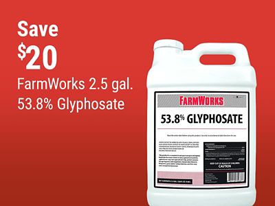 Tractor Supply Company promotion. Save 10 dollars on FarmWorks 2.5 gallon 53.8 percent glyphosate. Image shows a container of FarmWorks 53.8 percent glyphosate on a red background.