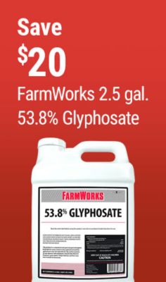 Tractor Supply Company promotion. Save 10 dollars on FarmWorks 2.5 gallon 53.8 percent glyphosate. Image shows a container of FarmWorks 53.8 percent glyphosate on a red background.