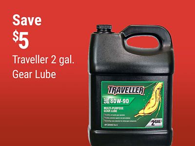 Tractor Supply Company promotion. Save 5 dollars on Traveller 2 gallon gear lube. Image shows a 2 gallon container of Traveller 80W-90 multipurpose gear oil.