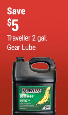 Tractor Supply Company promotion. Save 5 dollars on Traveller 2 gallon gear lube. Image shows a 2 gallon container of Traveller 80W-90 multipurpose gear oil.