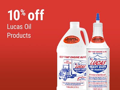 Tractor Supply Company promotion. Save 10 percent on Lucas Oil products. Image shows Lucas Oil Heavy Duty Oil Stabilizer and Heavy Duty 80W-90 Gear Oil.