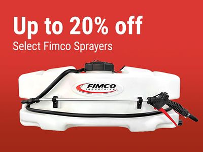 Tractor Supply Company promotion. Save 20 percent on select Fimco sprayers. Image shows a Fimco tank sprayer with hose and spray wand on a red background.