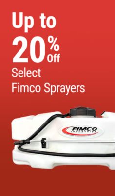 Tractor Supply Company promotion. Save 20 percent on select Fimco sprayers. Image shows a Fimco tank sprayer with hose and spray wand on a red background.