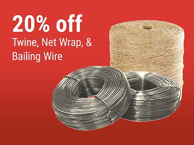 Tractor Supply Company promotion. Save 20 percent on twine, net wrap, and baling wire. Image shows a roll of twine and coils of baling wire on a red background.