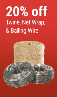 Tractor Supply Company promotion. Save 20 percent on twine, net wrap, and baling wire. Image shows a roll of twine and coils of baling wire on a red background.