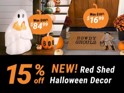 Tractor Supply Company promotion. Save 15 percent off new Red Shed Halloween decor. Featured deals include ghost with turkey decoration now 84.99 was 99.99, Howdy Ghouls Halloween doormat now 16.99 was 19.99, and skeleton goose decoration now 50.99 was 59.99.