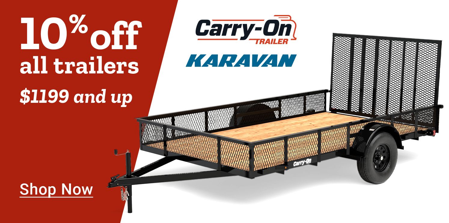 Promotional banner for Tractor Supply Co. trailer sale. Text reads 10 percent off all trailers $1199 and up Shop Now. Image shows a Carry-On Trailer with a black metal frame, mesh siding, and wooden floor, along with Karavan branding.