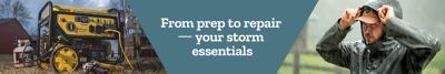 Storm prep essentials ad with a Champion generator and man in rain gear adjusting hood during heavy rain.