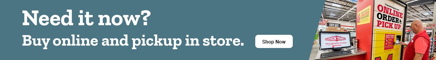 Tractor Supply Co. promotion encouraging online shopping with in-store pickup. Image shows a man using the 'Online Order Pick Up' kiosk next to a 'Shop Now' button and messaging: 'Need it now? Buy online and pickup in store.'