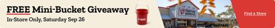 Tractor Supply Company promotion. Free mini-bucket giveaway in store only Saturday, September 26. Image shows a red Tractor Supply mini bucket and a Tractor Supply store exterior. Find a Store.