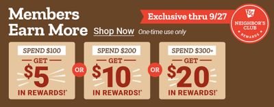 Tractor Supply Company Neighbor's Club exclusive promotion through September 27. Members earn 5 dollars in rewards when spending 100 dollars, 10 dollars in rewards when spending 200 dollars, or 20 dollars in rewards when spending 300 dollars or more. One-time use only. Shop Now.