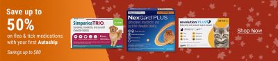 Tractor Supply Company promotion. Save up to 50 percent on flea and tick medications with your first Autoship, with savings up to 80 dollars. Image shows Simparica Trio, NexGard Plus, and Revolution Plus flea, tick, and parasite medications for dogs and cats. Shop Now.