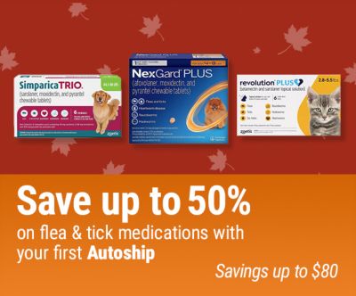 Tractor Supply Company promotion. Save up to 50 percent on flea and tick medications with your first Autoship, with savings up to 80 dollars. Image shows Simparica Trio, NexGard Plus, and Revolution Plus flea, tick, and parasite medications for dogs and cats. Shop Now.