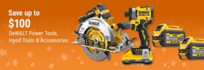 Tractor Supply Company promotion. Save up to 100 dollars on DeWALT power tools, hand tools, and accessories. Image shows DeWALT cordless circular saw, impact driver, batteries, and power tool accessories.