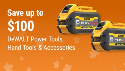 Tractor Supply Company promotion. Save up to 100 dollars on DeWALT power tools, hand tools, and accessories. Image shows DeWALT cordless circular saw, impact driver, batteries, and power tool accessories.