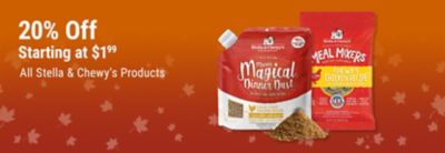 Tractor Supply Company promotion. Save 20 percent on all Stella and Chewy's products starting at 1.99. Image shows Stella and Chewy's Marie's Magical Dinner Dust and Chewy's Chicken Recipe Meal Mixers on an orange fall background.