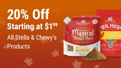 Tractor Supply Company promotion. Save 20 percent on all Stella and Chewy's products starting at 1.99. Image shows Stella and Chewy's Marie's Magical Dinner Dust and Chewy's Chicken Recipe Meal Mixers on an orange fall background.