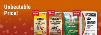 Tractor Supply Company promotion featuring unbeatable prices. Image shows 50 pound bags of Producer's Pride 16 percent Layer Feed Pellets, Producer's Pride 12 percent All Stock Sweet Feed Pellets, Retriever Mini Chunk dog food, and Tractor Supply Premium Pine Shavings.