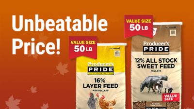 Tractor Supply Company promotion featuring unbeatable prices. Image shows 50 pound bags of Producer's Pride 16 percent Layer Feed Pellets, Producer's Pride 12 percent All Stock Sweet Feed Pellets, Retriever Mini Chunk dog food, and Tractor Supply Premium Pine Shavings.