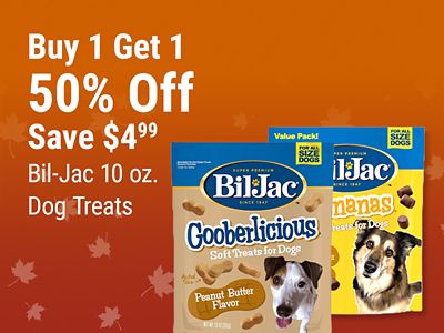 Tractor Supply Company promotion. Buy one get one 50 percent off Bil-Jac 10 ounce dog treats, save 4.99. Image shows Bil-Jac Gooberlicious peanut butter flavor soft dog treats.