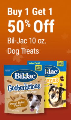 Tractor Supply Company promotion. Buy one get one 50 percent off Bil-Jac 10 ounce dog treats, save 4.99. Image shows Bil-Jac Gooberlicious peanut butter flavor soft dog treats.
