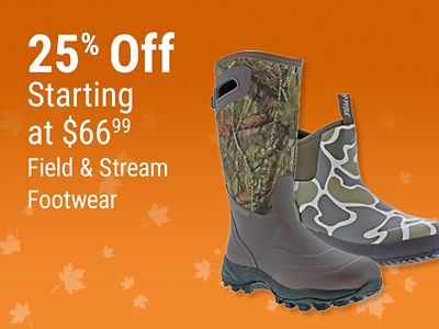 Tractor Supply Company promotion. Save 25 percent on Field and Stream footwear starting at 66.99. Image shows camouflage Field and Stream outdoor boots on an orange fall background.