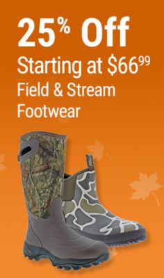 Tractor Supply Company promotion. Save 25 percent on Field and Stream footwear starting at 66.99. Image shows camouflage Field and Stream outdoor boots on an orange fall background.