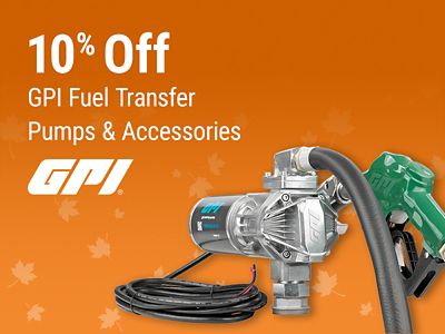 Tractor Supply Company promotion. Save 10 percent on GPI fuel transfer pumps and accessories. Image shows a GPI fuel transfer pump, hose, power cable, and fuel nozzle on an orange fall background.