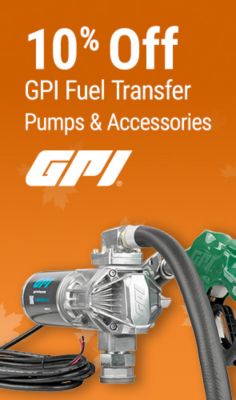 Tractor Supply Company promotion. Save 10 percent on GPI fuel transfer pumps and accessories. Image shows a GPI fuel transfer pump, hose, power cable, and fuel nozzle on an orange fall background.