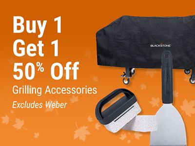 Tractor Supply Company promotion. Buy one grilling accessory and get one 50 percent off, excluding Weber. Image shows a Blackstone grill cover, grill cleaning accessories, and griddle spatula on an orange fall background.