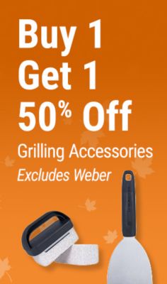 Tractor Supply Company promotion. Buy one grilling accessory and get one 50 percent off, excluding Weber. Image shows a Blackstone grill cover, grill cleaning accessories, and griddle spatula on an orange fall background.