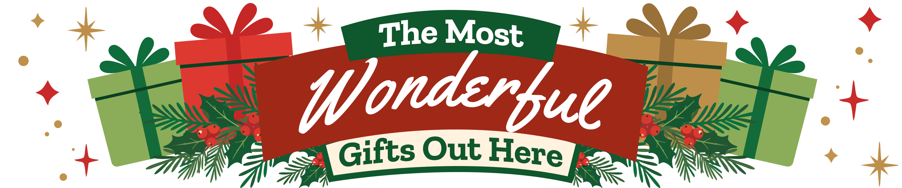 Tractor Supply Co. holiday gift guide featuring western boots, a red Yeti tumbler, DeWalt toolset, toy trucks, a plush horse and other stuffed animals, surrounded by wrapped gifts and lit Christmas trees. Central badge reads: 'TSC Gift Guide – For Life Out Here.'