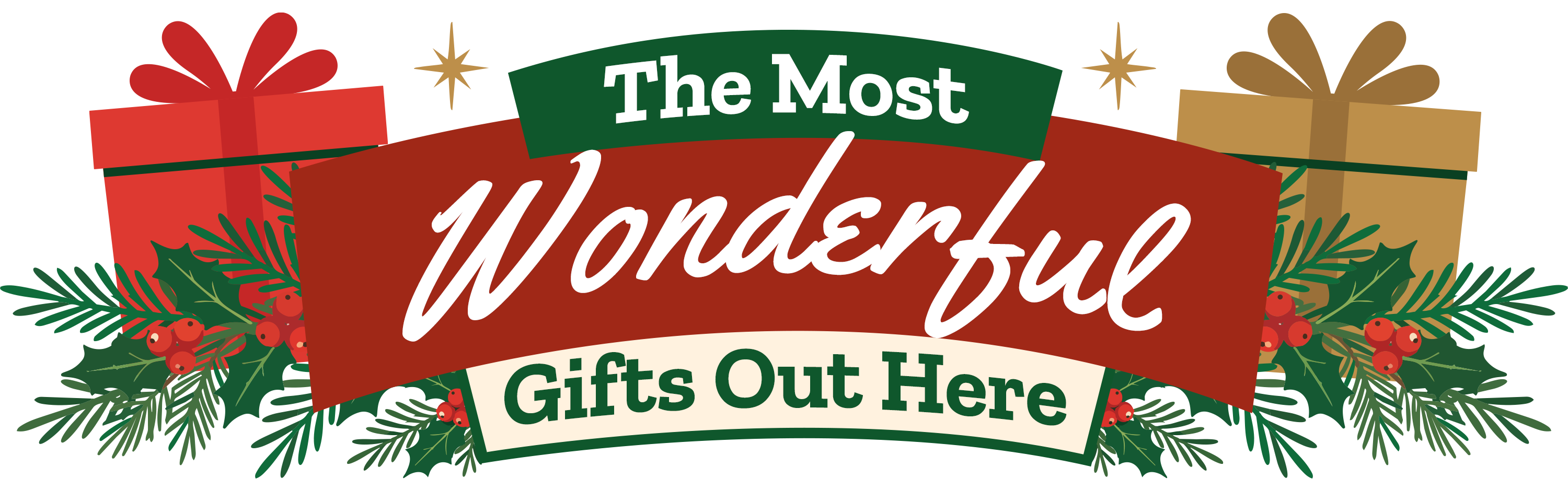 Tractor Supply Co. holiday gift guide featuring western boots, a red Yeti tumbler, DeWalt toolset, toy trucks, a plush horse and other stuffed animals, surrounded by wrapped gifts and lit Christmas trees. Central badge reads: 'TSC Gift Guide – For Life Out Here.'