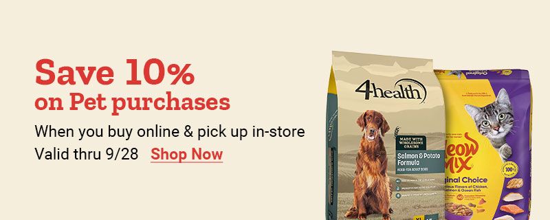 A bag of 4 health salmon and potato dry dog food and a bag of Meow Mix original choice dry cat food