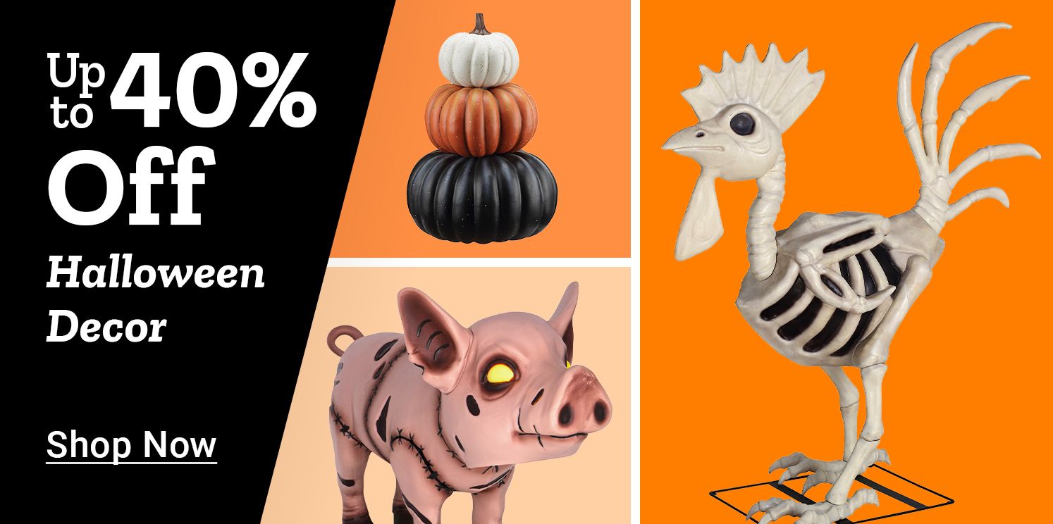 Tractor Supply Company banner showing Halloween decorations including stacked pumpkins, a skeleton chicken, and a pig figurine. Text reads Up to 40 percent off Halloween Decor. Shop Now.