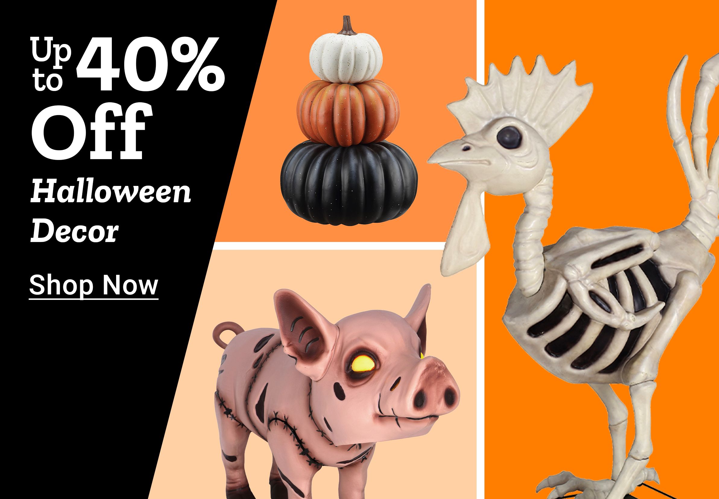 Tractor Supply Company banner showing Halloween decorations including stacked pumpkins, a skeleton chicken, and a pig figurine. Text reads Up to 40 percent off Halloween Decor. Shop Now.