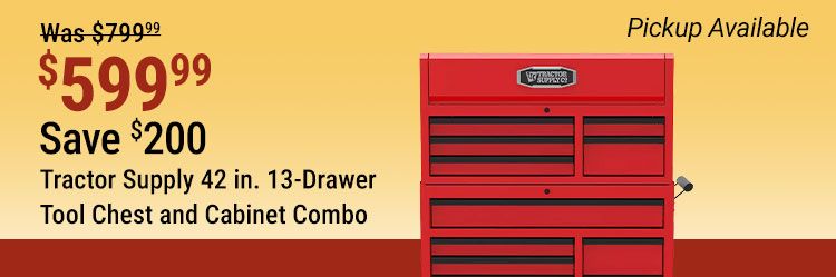 Tractor Supply 42 in. 13-Drawer Tool Chest and Cabinet Combo on sale for 599.99, was 799.99, save 200. Pickup available.