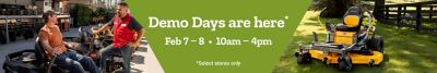 Demo Days are here* February 7th and 8th from 10 am until 4 pm. *Select stores only. Two side-by-side images showing outdoor power equipment demonstrations: on the left, a store employee wearing a red vest talks with a seated customer on a riding mower outside a retail store; on the right, a yellow and black Cub Cadet Ultima zero-turn lawn mower is parked on green grass near a fence and trees.