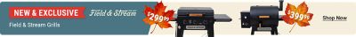 New and exclusive Field & Stream grills at Tractor Supply, featuring a griddle for $299.99 and a pellet grill and smoker for $399.99.