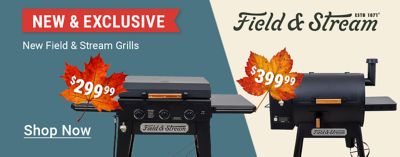 New and exclusive Field & Stream grills at Tractor Supply, featuring a griddle for $299.99 and a pellet grill and smoker for $399.99.