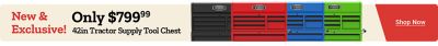 New and exclusive 42 in. Tractor Supply Tool Chest, only $799.99, available in black, red, blue, and green.